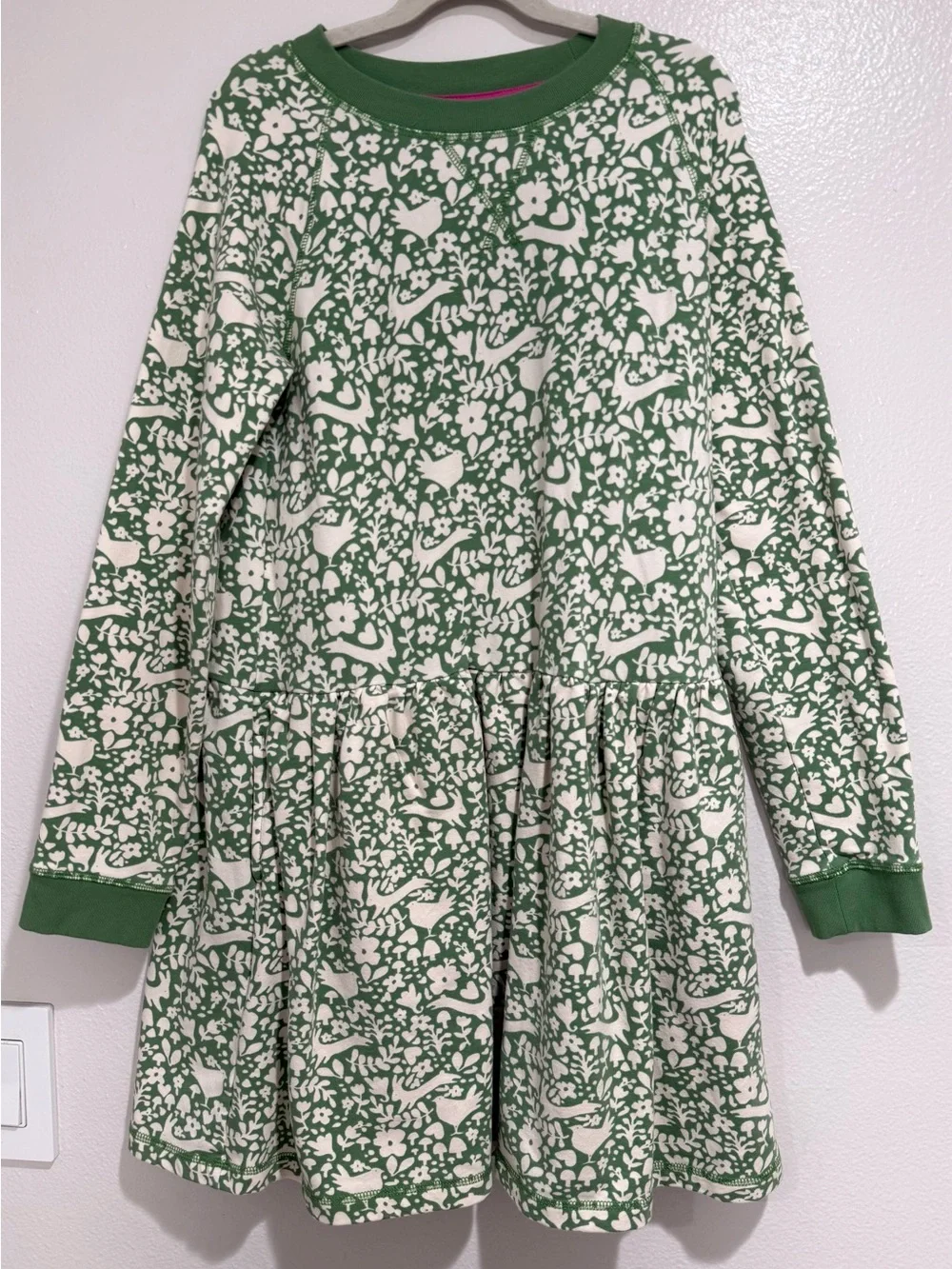 Mini Boden Green and Cream Floral Long-Sleeve Kids Dress
